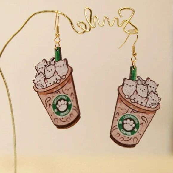 14k CAT CAPPUCCINO cute fun whimsical kawaii novelty earrings - Picture 1 of 6